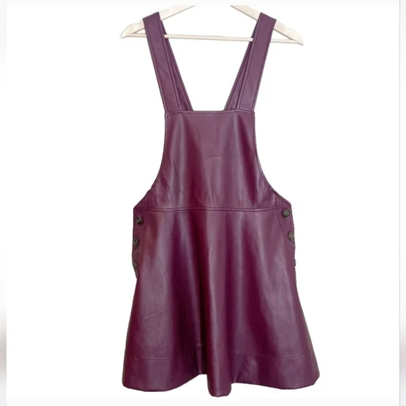 Anthropologie Maeve Faux Leather Pinafore Dress Plum Side Buttons Back Bow Sz XS - Picture 2 of 16